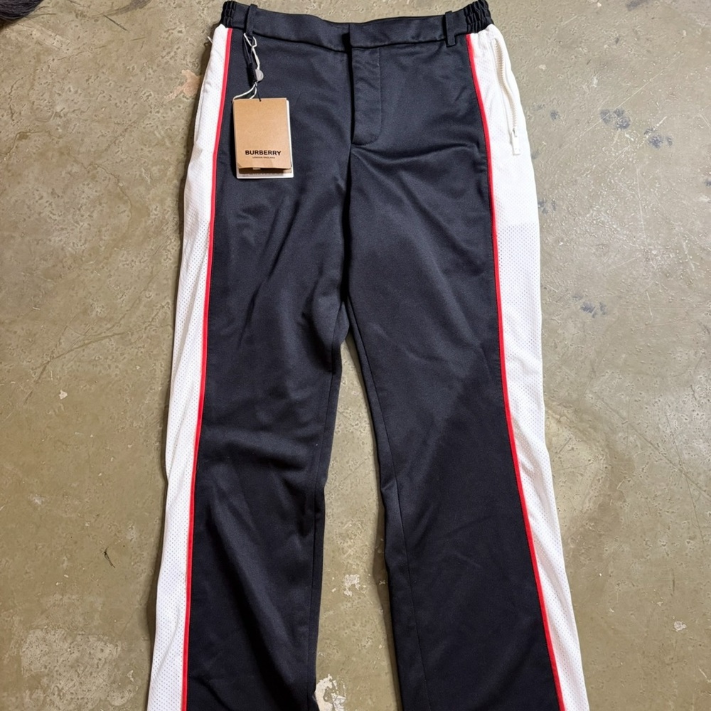 Burberry Black Joggers with White and Red Trim